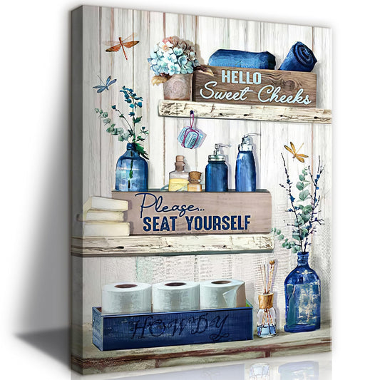 BJVJKSU Navy Blue Bathroom Decor Wall Art Rustic Blue Bathroom Canvas Wall Decor Bathroom Please Seat Yourself Sign Print Painting Vintage Aesthetic Bathroom Picture Artwork Decor(16x24in)