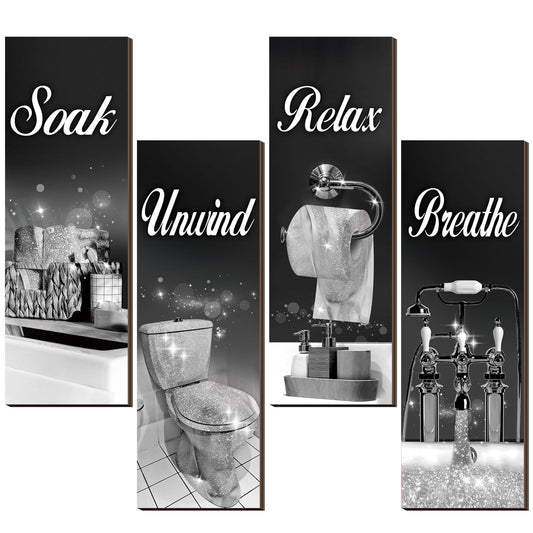 4 Pcs Bathroom Decor Wall Art Farmhouse Bathroom Pictures Wall Decor Soak Unwind Relax Breathe Wood Hanging Sign for Home Spa Bathroom Laundry(Black and Silver)