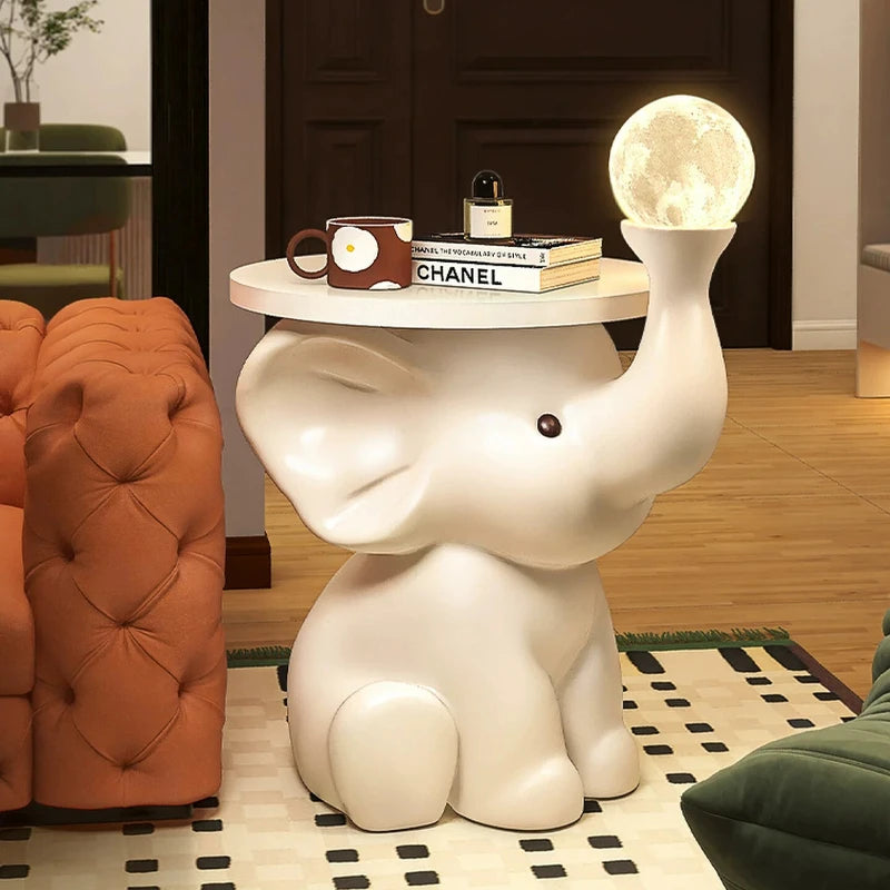 Adorable Elephant Coffee Side Table, Cream Style Corner Shelf Stand, Animal Living Room Decor Accent, Sturdy Wide Base End Table