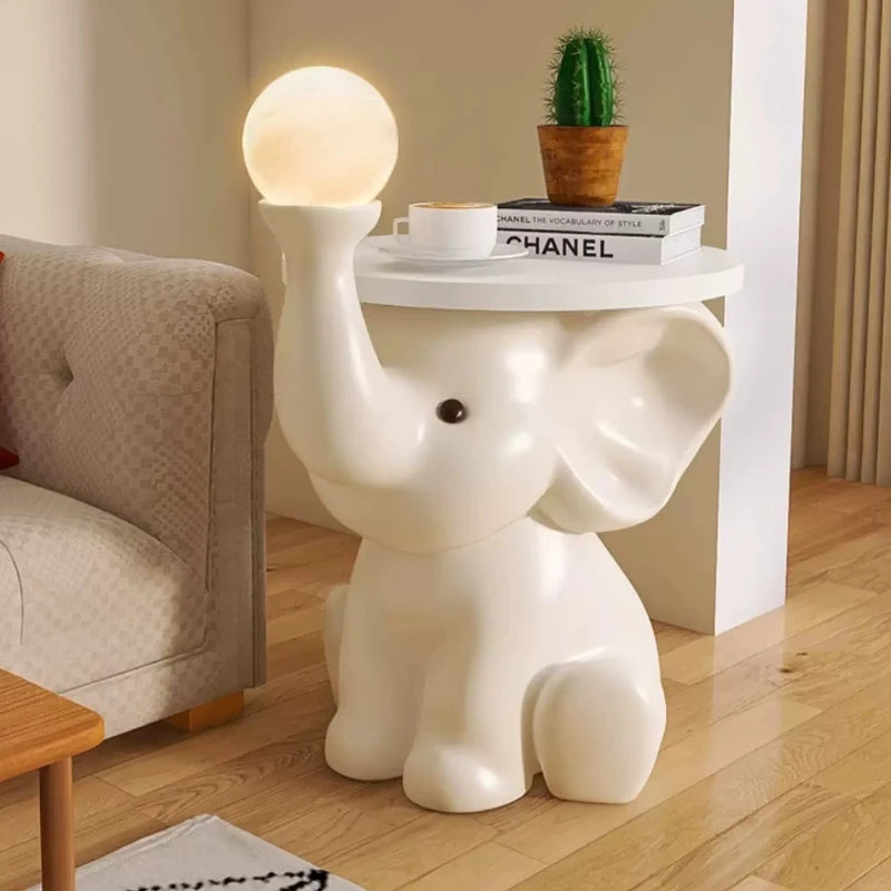 Adorable Elephant Coffee Side Table, Cream Style Corner Shelf Stand, Animal Living Room Decor Accent, Sturdy Wide Base End Table