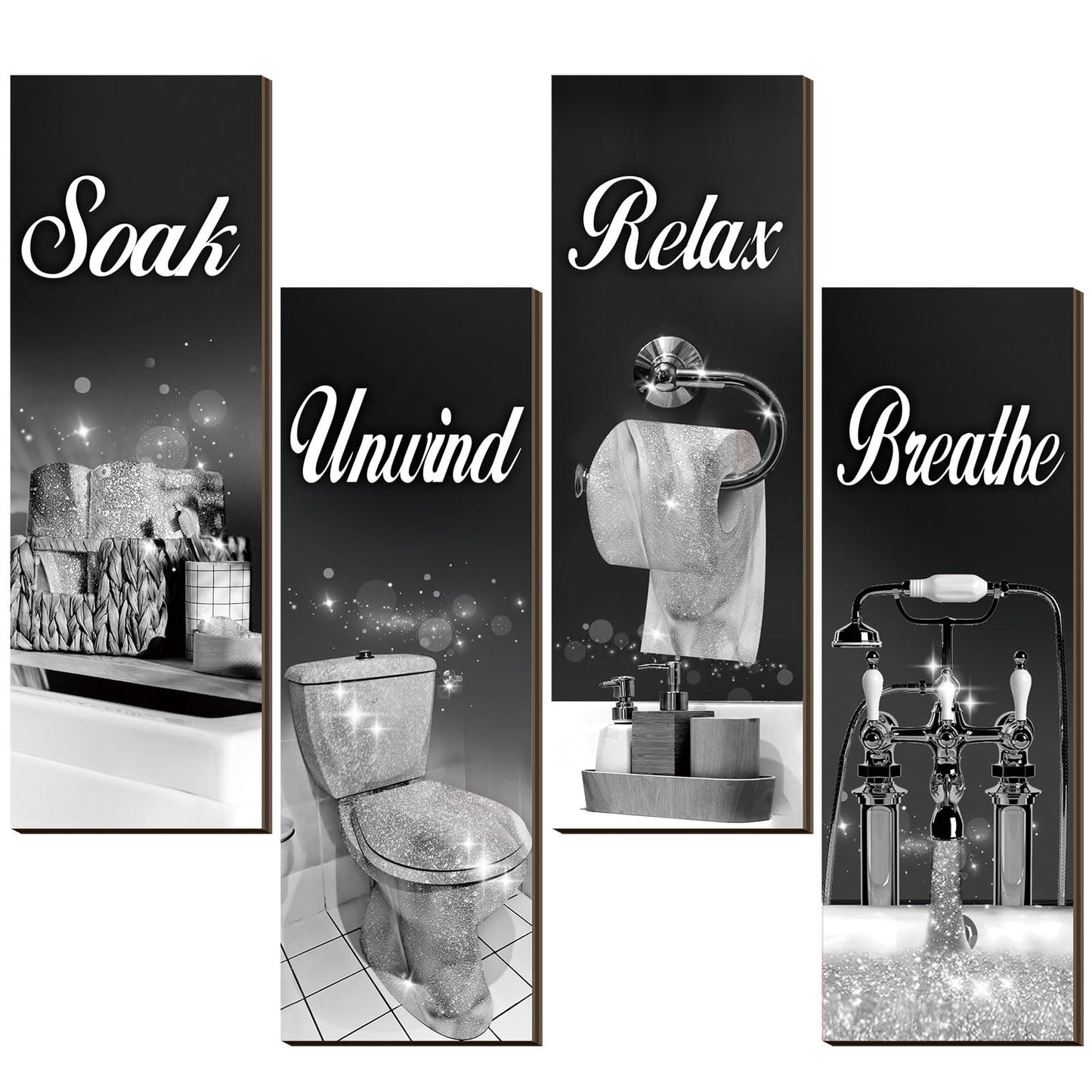 4 Pcs Bathroom Decor Wall Art Farmhouse Bathroom Pictures Wall Decor Soak Unwind Relax Breathe Wood Hanging Sign for Home Spa Bathroom Laundry(Black and Silver)