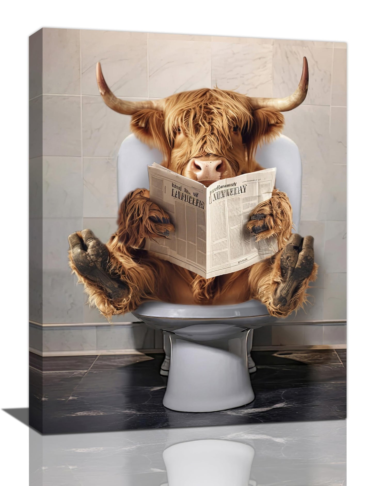 Highland Cow Bathroom Wall Art Funny Farmhouse Bathroom Pictures Wall Decor Western Cow on Toilet Canvas Print Painting Home Bathroom Signs Decoration Artwork Framed 12"X16"